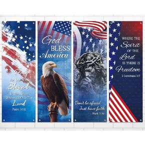 chiazllta 4Pcs Independence Day Church Banners for Sanctuary Wall 4th Of July Religious Hanging Backdrop Christian Bible Verse Banner Patriotic American Flag Porch Signs for Sunday School Decorations