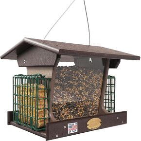 Poly Hopper Bird Feeder مع حامل الشحم ، وحدة تغذية كبيرة للشحم للطيور ، شنق في الهواء الطلق - Amish American Made (Turf Green & Cedar)