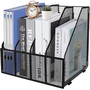 Mesh Metal A4 Magazine File Holder, Desktop 4 Sections Document Holder Office File Storage Rack for Desk Tidy, Paper Organiser Filing Rack,4 Compartments,(Black)