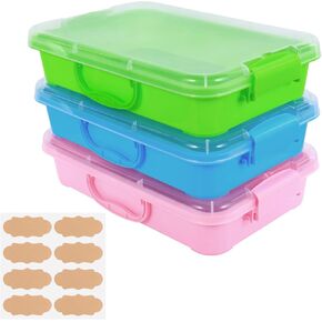 3 Pcs Plastic Sensory Bins,Portable Sandbox Container with Handle & Clear Lid, Stackable Play Tray for Kids Storage Sand,Toys & Crafts,Organizing Container for Home,Office and More(Green+Blue+Pink)