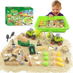Farm Sensory Bin - 58 PCS Sandbox Toys( 2.2lbs Play Sand,Farm Animal Toys,Farm Tractor,Sandbox with Lid) for Kids, Birthday Gift for Toddlers 3 4 5 6 7 8