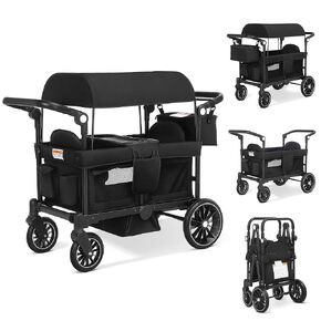 Wagon Stroller for 2 Kids, All-Terrain Stroller Wagon, Foldable Kids Wagon Cart Featuring with Harnesses, Adjustable Double Push Handle, Removable Canopy, Snack Tray, Large Storage Bag, Gray