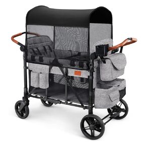 Wagon Stroller for 4 Kids, All-Terrain Wagon for Toddler with Canopy, Parent Organizer, Shoulder Bag, Adjustable Handlebar, Phone Holder, High Seat & 5 Point Harness, Ultimate Quad (Gray)