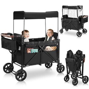 Wagon Stroller for 2 Kids with Rain Cover – Foldable Wagons with Elevated Seats & 5-Point Harnesses, Easy-Access Zipper Door, Adjustable Canopy, Storage Bag & Snack Plate