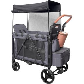 Wagon Stroller for 2 Kids with Insulated Snack Pack Foldable All-Terrain Wagon, 5-Point Harness & Canopy Parent Organizer Adjustable Handle (Grey)