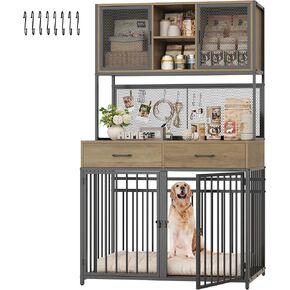 HITHOS 71" Tall Dog Crate Furniture, Indoor Dog Kennel with Hutch, 42" W Dog Cage for Large/Medium Dogs, Wood Dog Crates with 2 Storage Drawers, Heavy Duty Pet House, Rustic Brown