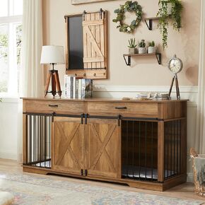 72.5" Extra Large Furniture Style Double Dog Crates for Large Breeds, XXL Wooden Dog Kennel Furniture with Drawers, Divider, Water Resistant & Barn Door for 2 Dogs, Rustic Oak