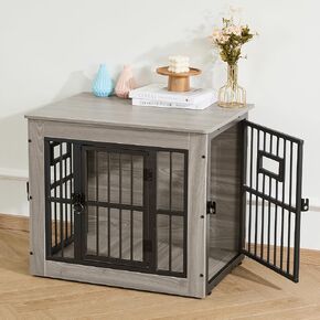 Gardner Pet Dog Crate Furniture for Medium Dogs, 38.8 Inch Dog Kennel Indoor, Wooden Dog Cage End Table with 2 Removable Bowls, Heavy Duty Dog Crate, Rustic Grey