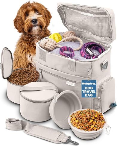The Original Doggy Bag™ - Complete Dog Travel Bowl Bag for Supplies with 2 BPA-Free Travel Dog Bowls & 2 Food Containers - Traveling Kit for Road Trips, Camping, Weekend Away or Doggy Gift - Beige in Saudi Arabia
