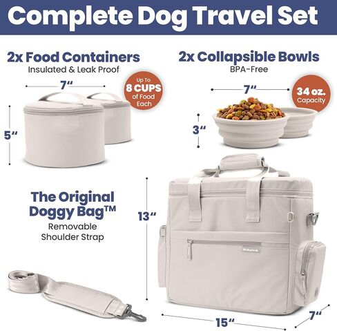 The Original Doggy Bag™ - Complete Dog Travel Bowl Bag for Supplies with 2 BPA-Free Travel Dog Bowls & 2 Food Containers - Traveling Kit for Road Trips, Camping, Weekend Away or Doggy Gift - Beige in Saudi Arabia