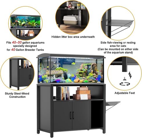 GDLF 40 Gallon Breeder Tank Stand，40–50 Gallon Fish Tank Stand with Hidden Cat Litter Box Cabinet and Cat Perch,36.6"x18.9"Tabletop, 660 LBS Capacity in Kuwait