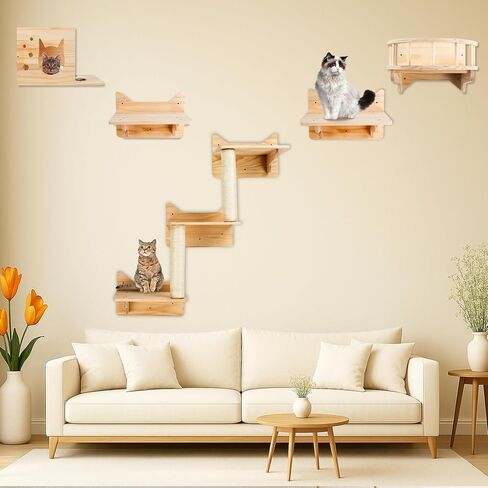 Cat Shelves for Wall, Cat Climbing Shelves Wall Mounted Cat Furniture Set, Cat Wall Shelf with 1 Cat Wall House, 1 Bridge Ladder, 3 Cat Scratching Post and 5 Steps in Saudi Arabia