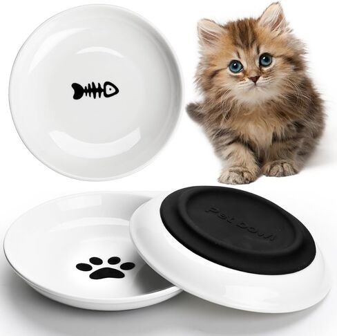 Ceramic Cat Bowls,Cat Feeding Bowls with Non Slip Mats,Pet Bowl Cat Dishes for Food and Water,Wide Shallow Cat Bowl Whisker Friendly,3 Pack (White) in Kuwait