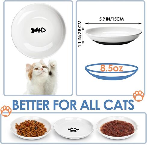 Ceramic Cat Bowls,Cat Feeding Bowls with Non Slip Mats,Pet Bowl Cat Dishes for Food and Water,Wide Shallow Cat Bowl Whisker Friendly,3 Pack (White) in Kuwait