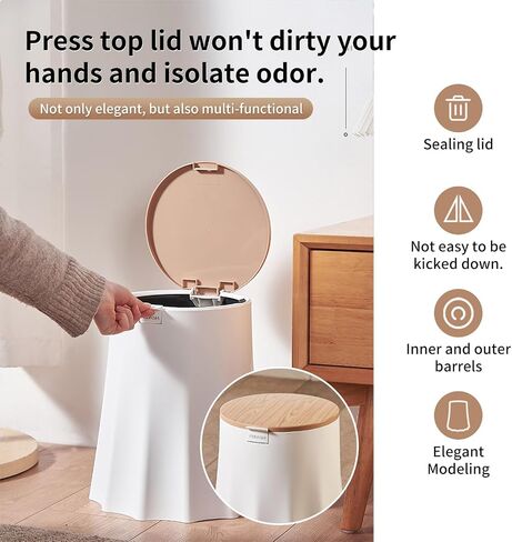 Trash Can with Lid for Bathroom, 2 Gallon/10 Liter Round Garbage Bin with Press Top Lid, Plastic Modern Wastebasket with Soft Close Lid, Garbage Container Bin for Bedroom, Living Room, Office (White)… in Saudi Arabia