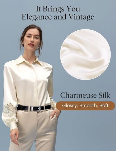 LilySilk 22 Momme Pure Silk Blouse for Women Elegant Lace Stitched Long Sleeves Retro Classic Shirt for Ladies in Kuwait