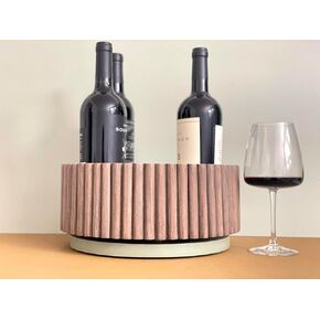 Handcrafted wooden wine rack holder with 5 bottle slots - Made in USA. Functional turntable wine bottle holder for countertops with rotating base. (Dark Brown/Sage)