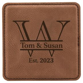Personalized Leather Coasters, Wedding gift for couple, Custom Anniversary Gifts, Bar Coasters for Drinks, Housewarming Gifts, Set of 6 with holder (Square, Black/Gold)