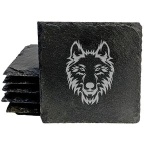 Howling Wolf Coasters: Rustic Slate with Laser Etched Design - Round Slate - set of 5