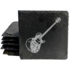 Rock On! Laser-Etched Slate Coasters: 4 Cool Guitar Designs for Coffee & Drinks - Round Slate - set of 4