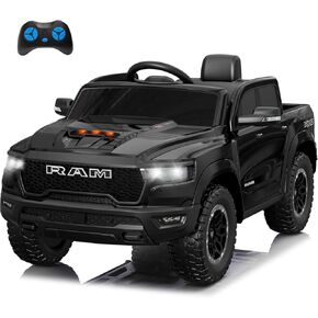 Licensed Ram 1500 Ride on Toys for Kids 4-8, 12V Ride-on Electric Car for Kids with Remote Control, Battery Powered with Car Key/Gear Selector, LED Light/Music/MP3, Back Storage (Black)