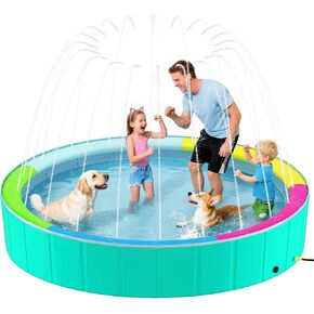 Heeyoo Foldable Dog Pool with Sprinkler for Large Dogs, Portable Hard Plastic PVC Pet Bathing Tub, Outdoor Collapsible Swimming Pool for Pets, 120'' x 20''