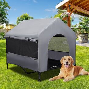 42" Large Dog House Outdoor Indoor with Breathable Mesh Windows-Elevated Dog Bed Cot Dog Tent Shade Shelter for Large Breeds with Canopy, Weatherproof Dog Kennel for Outside, Easy Clean