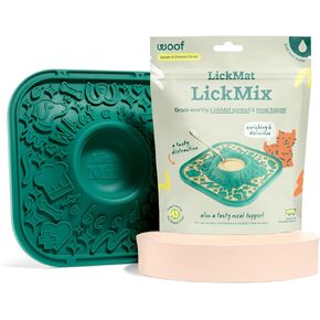 Woof Lick Mat و Bacon و Cheese Lickmix Starter Pack -Pack - إثراء الكلاب وانتشاره - حصيرة مغذية بطيئة مع تصميم غير لذيذ - مزيج من السعرات الحرارية اللذيذة.