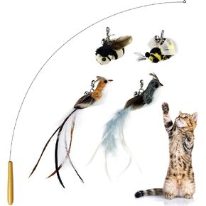 Cat Wand Toys with Suction Cup, Interactive Bird Simulation Cat Toy Set,Cat Teaser Cat Toys,Flexible Steel Wire and 3Pcs Replacement Feather Refills with Bells.