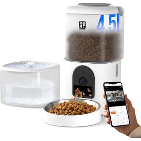 Automatic Cat Feeder with Camera and Water Fountain 1080P HD Video 2.4G&5G WiFi Timed Auto Feeder with APP Control,Multiple Cats, Detachable for Easy Clean-White