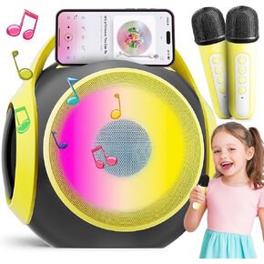 All Rounder Karaoke Machine for Kids Teens, Portable Karaoke Speaker with Two Mics, Voice Changer, Light Effect, Bass Tremolo, Gifts Toys for Girl, Supports USB/TF/AUX for Home Party (Yellow)