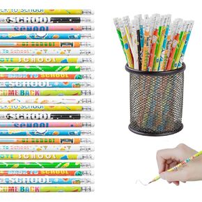 48pcs Welcome Back to School Pencil, Assorted Pattern Colored Pencil with Erasers Colorful Stationery Pencils for First Day of School Decorations Gift Prize Party Favor Office Supply Classroom Reward