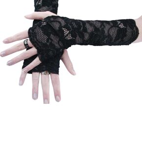 Jet Black Long Lace Fingerless Gloves for Women Plus Size Cosplay