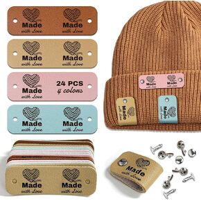 24pcs Crochet Tags for Handmade Items Made with Love Leather Tags for Crochet Items, Knitting Accessories with Rivets, Suitable for Scarves Hats Gloves, Gifts for Crocheters (Layout B)