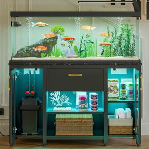 Bestier 55 Gallon Fish Tank Stand with Power Outlet & LED Light, 49.2"x13.8" Heavy-Duty Aquarium Stand with Storage, Dual Glass Cabinet, 8 Thicken Metal Legs, Suit for Reptile/Turtle Terrarium(Black)