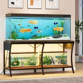55-90 Gallon Fish Tank Stand, 2-Tier Aquarium Stand with LED Light Strip and Power Outlets, Reptile Tank Stand with Metal Frame, 1000LBS Capacity, Brown and Black (Brown and Black)