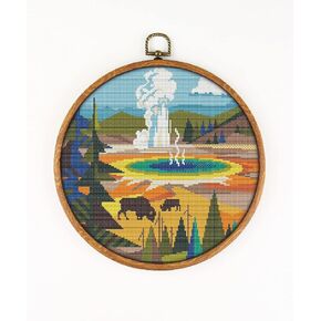 Awesome Pattern Studio Yellowstone National Park K466 Counted Cross Stitch KIT. Threads, Needles, 2 Fabrics, Threader, Clippers and 4 Printed Color Patterns. Embroidery Pattern Kit