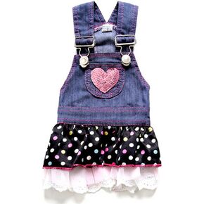 SELMAI Dog Costumes Dress Rompers Denim Jumpsuit for Small Puppies Pet Cats Princess Jean Clothes with Pocket Bib Outfits Pleated Tiered Skirt Polka Dots Heart Sequins for Summer L