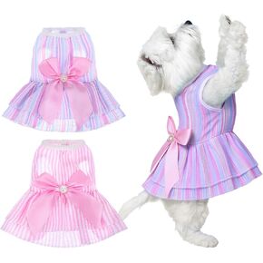 2 Pcs Small Dog Dresses, Vertical Stripes with Bows Dog Outfits for Small Dogs Girl, Pet Dresses for Chihuahua Yorkshire Terrier Puppies and Cats (Pink, Purple)