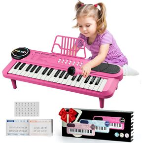 Pink Kids Piano Keyboard with Microphone 37 Keys Portable Electronic Keyboards for Beginners, Portable Instrument with Microphone Musical Toy for 3 4 5 6 Year Old Girls Boys