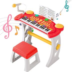 37-Key Kids Piano Toy with Stand & Stool, Microphone, LED Lights - Multifunctional Electronic Keyboard for Boys Girls Ages 3-7 (Red)