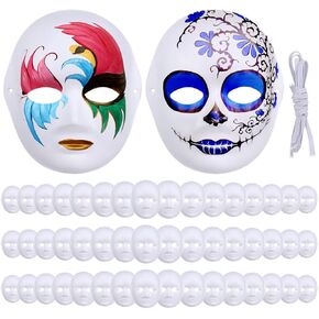 50 PCS White Paper Mache DIY Face Staves لصياغة ، وفرقة مرنة قابلة للتعديل للرجال والمراهقين وزينة الحفلات الفنية
