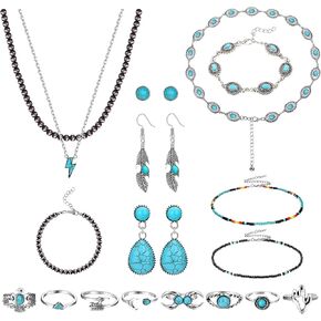 FUNRUN JEWELRY المجوهرات الغربية للنساء البوهيمي الغربي مطرز القلائد قلادة نافاجو اللؤلؤ قلادة الفيروز تتدلى الأقراط سلسلة حزام أساور الفيروز خواتم المفصل المرأة مجوهرات بوهو الغربية in Kuwait