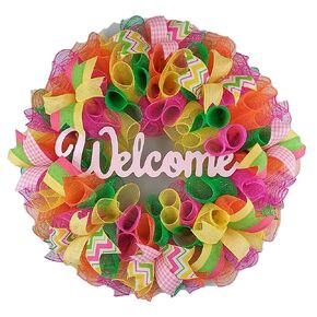 Spring Decor Wreath - Summer Door Decoration - Welcome Deco Mesh Wreath - Pink Lime Green Yellow