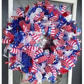 XL Patriotic 4th of July Vintage BLING Deco Mesh Front Door Wreath Home Decor Funky Fun Festive Summer Birthday Party Decor Indoor Outdoor