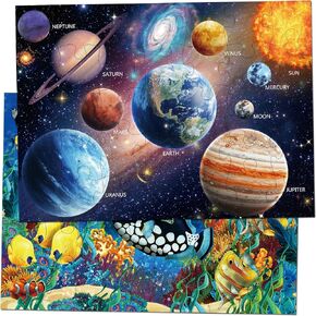 Jumbo Floor Puzzle for Kids Age 3-5 (35 PCS,2 x 1.45 Feet) Double Sided Large Puzzle for Kids Age 4-6 Year Old,Solar System and Underwater Jigsaw Puzzles,Learning Educational Toys for Boys and Girls