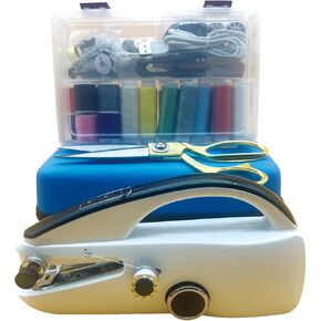 Handheld Sewing Machine Heavy Duty, with Blue Leather Storage Case and 110-Piece Sewing Kit, Mini Portable, Ideal for Adults & Beginners, Complete Set of Quick Home Clothing Repair Tools, Perfect Gift