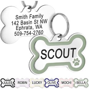 GoTags Stainless Steel Pet ID Bone Shaped Tags with Enamel Paw Design, Personalized Dog and Cat Tags, up to 5 Lines of Custom Text, Engraved on Both Sides (Charcoal, Regular)