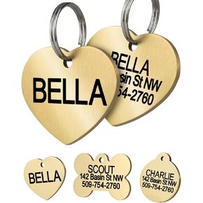 GoTags Personalized Pet ID Tags, Solid Brass Dog Tags and Cat Tags, up to 6 Lines of Custom Text, Engraved on Both Sides, Bone, Round, and Heart Shapes