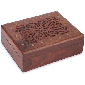 Ajuny Hand Carved Wooden Decorative Jewelry Storage Box Leaf Design Vintage Style - Multipurpose Use As Watch Box, Treasure Chest Box Great For Gifts - Brown, 10x6 Inch in Kuwait